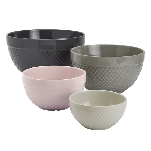 Tabletops Gallery Hobnail Style 4 Piece Timeless Grey Stoneware Nesting Mixing Bowl Set for Baking and Cooking