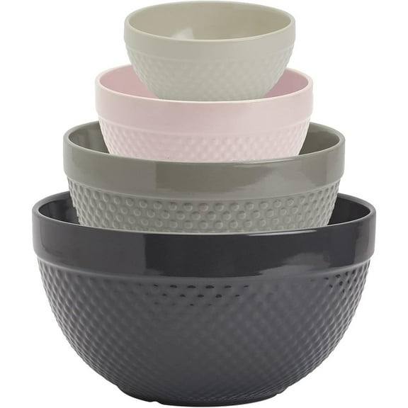 Tabletops Gallery Hobnail Style 4 Piece Timeless Grey Stoneware Nesting Mixing Bowl Set for Baking and Cooking