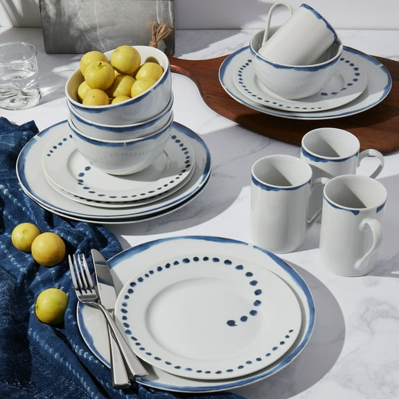 Tabletops Gallery Isla Round 16pc Dinnerware Set, Swirl and Dots Pattern