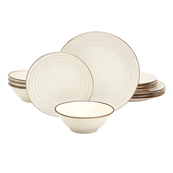 Tabletops Gallery Olivia 12 Piece Embossed Stoneware Dinnerware Set, Cream White (Service for 4)