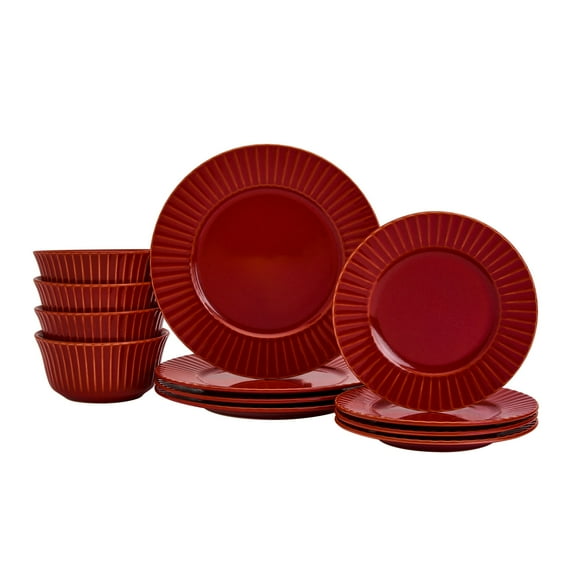 Tabletops Gallery Richmond 12-Piece Reactive Glaze Stoneware Dinnerware Set of Kitchen Dishes, Dinner Plates, Cereal Bowls, Service for 4, Red