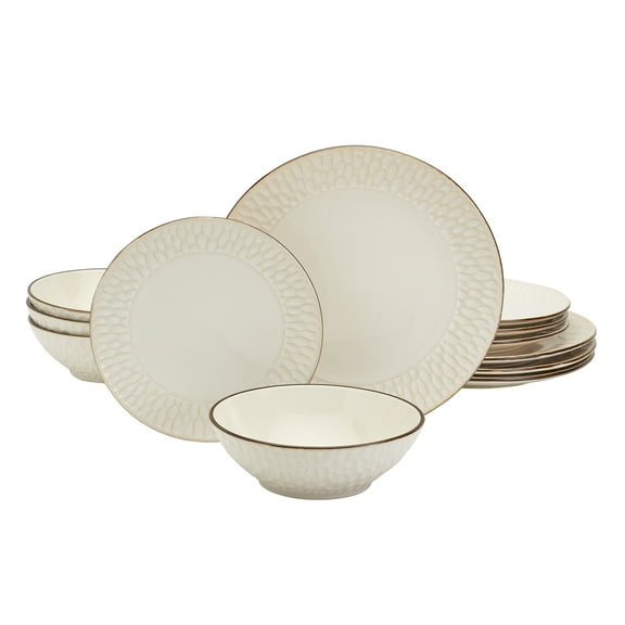 Tabletops Gallery Selena 12 Piece Embossed Stoneware Dinnerware Set, Cream White (Service for 4)