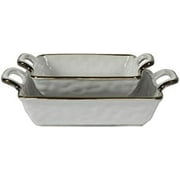 Tabletops Gallery Speckled Farmhouse Collection- Farmhouse White Brown Stoneware Serving Bowl Platter, 2 Piece Geneva Nesting Square Baking Dish Set