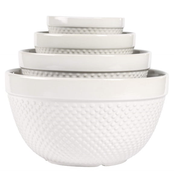 Tabletops Gallery Style 4 Piece Classic White Stoneware Nesting Mixing Bowl Set for Baking and Cooking
