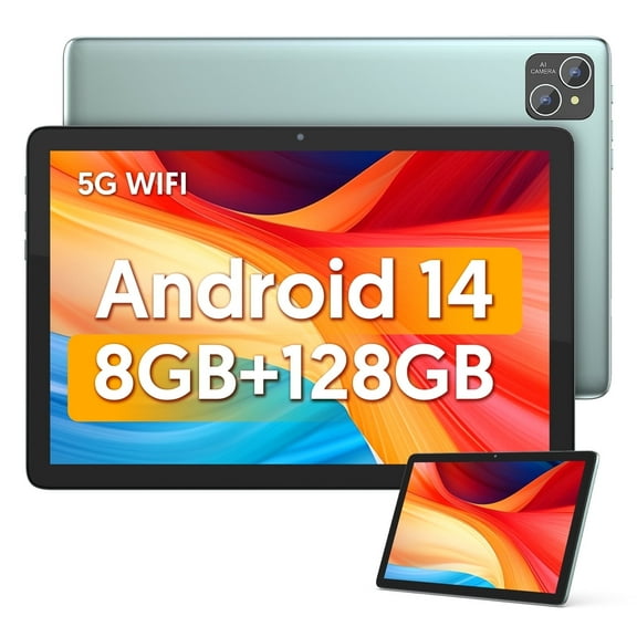 Tablets 10.1 inch Android 14 Tablet Newest, 128GB+8(4+4 Expand)GB/ 1TB Expand, 8000mAh Battery, Octa-Core Processor, 5G Wifi 6, 2MP+8MP Dual Camera, Bluetooth, 1280 * 800 FHD IPS Tablet PC, Green