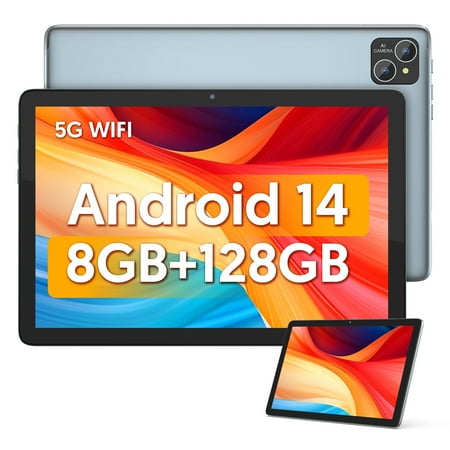 Tablets 10.1 inch Android 14 Tablet Newest, 128GB+8(4+4 Expand)GB/ 1TB Expand, 8000mAh Battery, Octa-Core Processor, 5G Wifi 6, 2MP+8MP Dual Camera, Bluetooth, 1280 * 800 FHD IPS Tablet PC, Grey