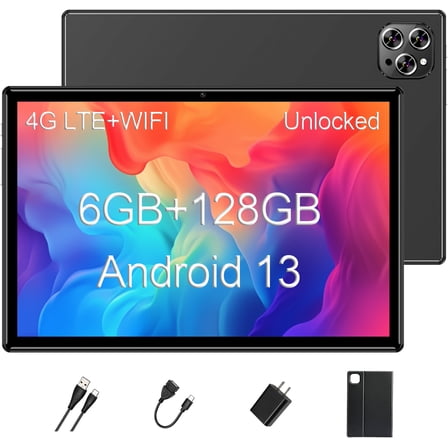 Tablets 10 Inch, Octa-Core Android 13 Unlocked Tablet with SIM Card Slot,128GB ROM+6GB RAM, 5MP+13MP Camera/5G WIFI GPS/BT/6000mAh/1280*800 IPS Screen/Cellular Tablets with Case (Black)