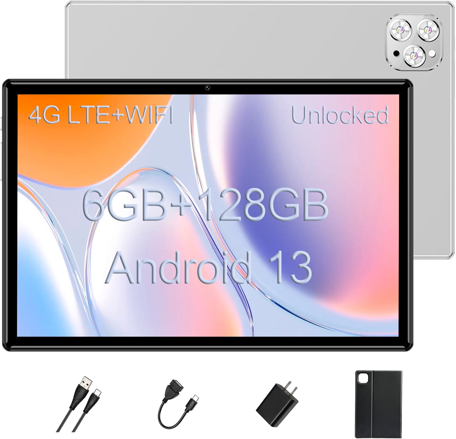Tablets 10 Inch, Octa-Core Android 13 Unlocked Tablet with SIM Card Slot,128GB ROM+6GB RAM, 5MP+13MP Camera/5G WIFI GPS/BT/6000mAh/1280*800 IPS Screen/Cellular Tablets with Case (Silver)