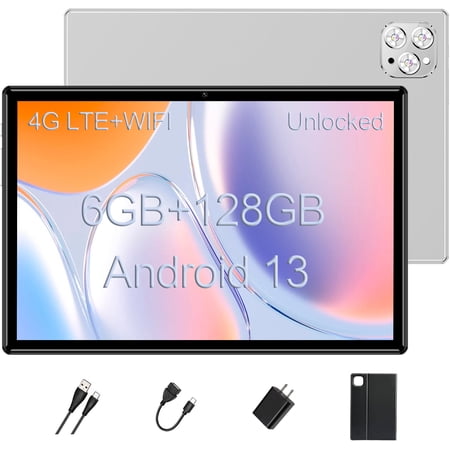 Tablets 10 Inch, Octa-Core Android 13 Unlocked Tablet with SIM Card Slot,128GB ROM+6GB RAM, 5MP+13MP Camera/5G WIFI GPS/BT/6000mAh/1280*800 IPS Screen/Cellular Tablets with Case (Silver)
