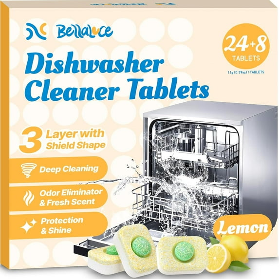 Tablets - And Deodorizer Tablets Lemon Scented, Heavy Duty Deep Clean Descaler Pods for Septic Safe, Prevents Buildup & Odor, Natural Limescale Remover (32 Pack)