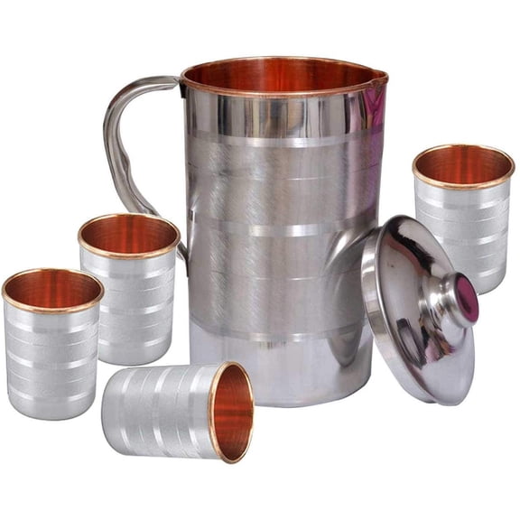 Tableware Copper Steel Water Jug 1.5 liter Pitcher with Stainless Steel Outer and Inside Pure Copper Luxury Steel Copper Water Jug/Pitcher with 4 Tumbler