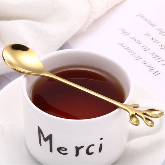 Tableware Leaf Tea Spoons Set – Gold Plated Stirring Long Handle 6Pcs for Home Bar and Tea