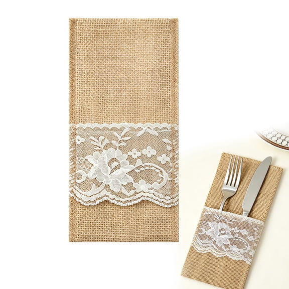 Tableware Pocket, Silverware Holder, Natural Cutlery Holder Pouch Bag, Cutlery Bag with Lace and Bow Decor, Burlap Utensil Pouch for Wedding Banquet, Holiday Party Table Decoration 10Pcs