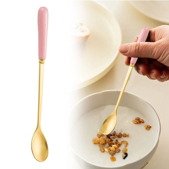 Tableware Set 410 Stainless Steel Dessert Spoon – 17.5cm Long Handle Ice Spoon with Ceramic Handle (Pink)