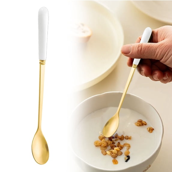Tableware Set 410 Stainless Steel Dessert Spoon – 17.5cm Long Handle Ice Spoon with Ceramic Handle (White)