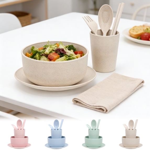 Tableware Set, 6-Piece Wheat Straw Dinnerware with Bowl, Plate, Cup, and Utensils, Eco-Friendly and BPA-Free for Home, Picnics, and Travel (Blue)