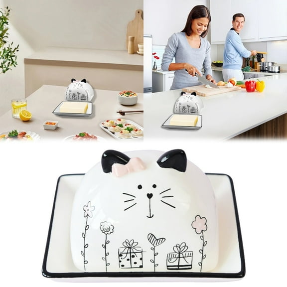 Tableware Set,Butter Dish With Lid For Countertop French Cute Cat Butter Tray Small Ceramic Butter Dessert And Storage Container Kitchen Gift And Decor Accessory