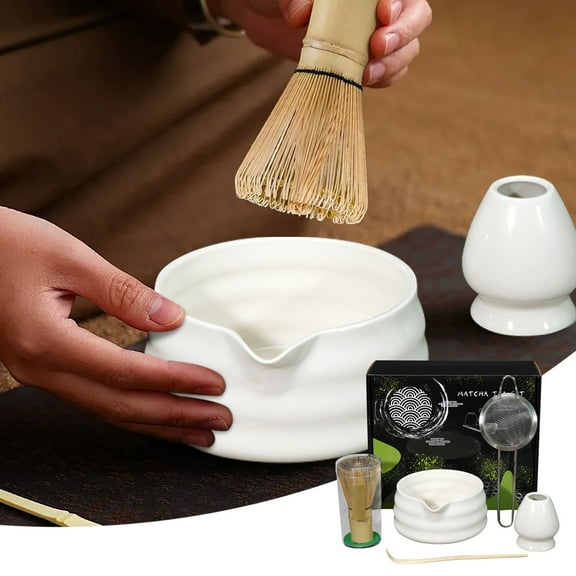 Tableware Set for Matcha Making, Ceramic Tea Tools Kit with Bowl Spout Whisk Holder and Strainer for Green Tea