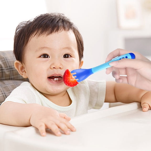 Tableware for Toddlers Baby Temperature Sensing Dinnerware Set with Utensils – 2 Cartoon Feeding Spoon Fork Safe Lightweight Tableware for Early Mealtimes, Blue, 5.51×1.02 inch