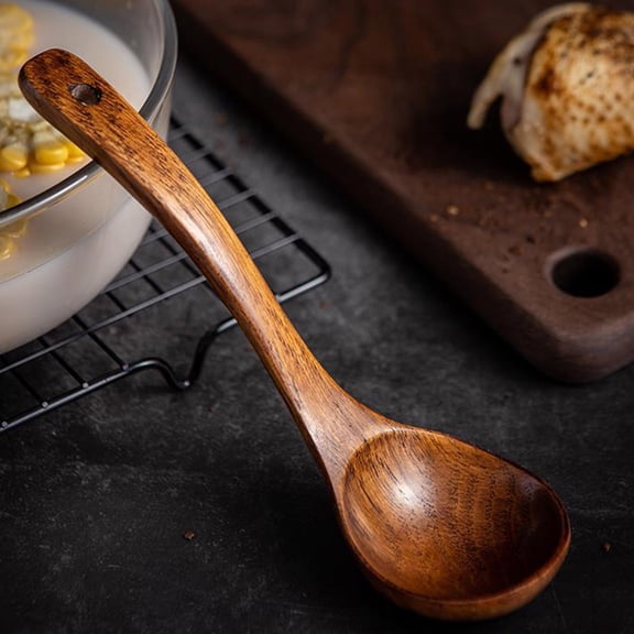 Tableware Wooden Long Handled Soup Spoon for Cooking Teaspoon-Style Large Teak Spoon Multifunctional Kitchen Utensil Smooth Lightweight and, 10.63 inch, Brown
