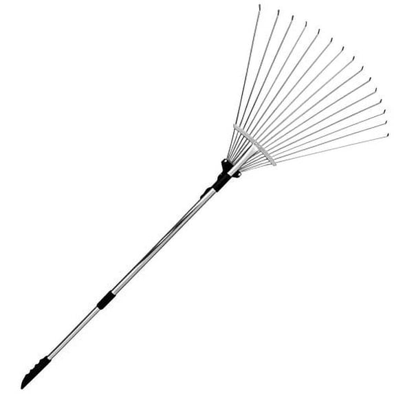 WETS J16A telescopic metal rake, 63 inch adjustable folding leaves rake for quick clean up of lawn and yard, garden leaf rake, expanding handle with adjustable 8-23 inch width folding head.