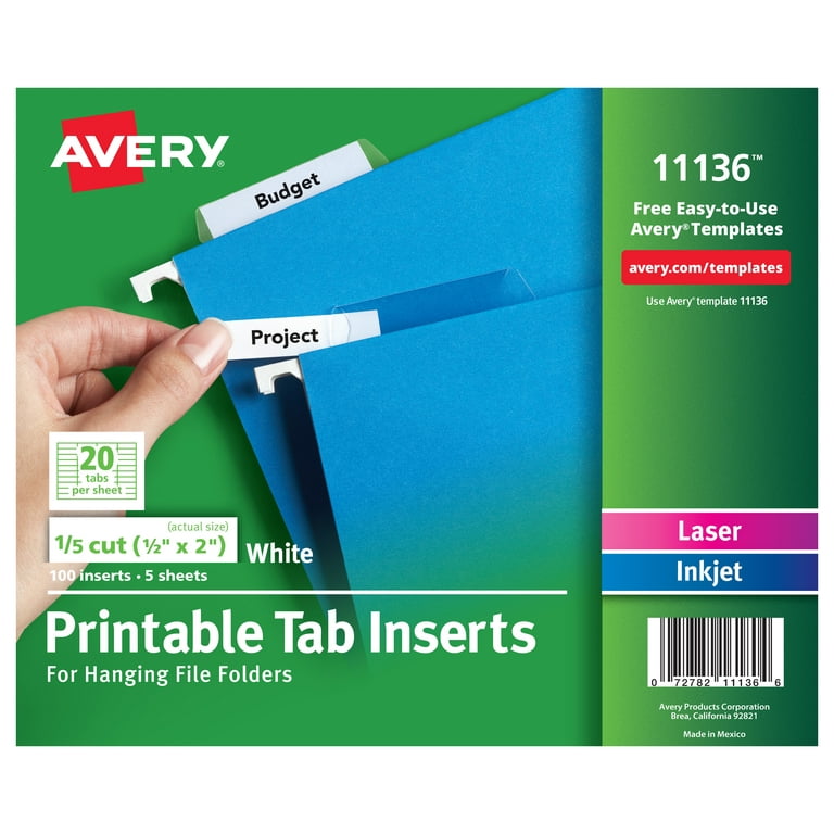 Tabs Inserts For Hanging File Folders, 1/5-Cut, White, 2 Tabs Inserts For Hanging File Folders, 1/5-Cut, White, 2