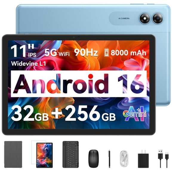 TABWEE 11" Android 16 AI Tablet with Keyboard, 32GB RAM 256GB ROM, 8000mAh Battery, Widevine L1 for Netflix/HD Streaming, Octa-Core Processor, 2-in-1 Laptop for Work, Study & Entertainment
