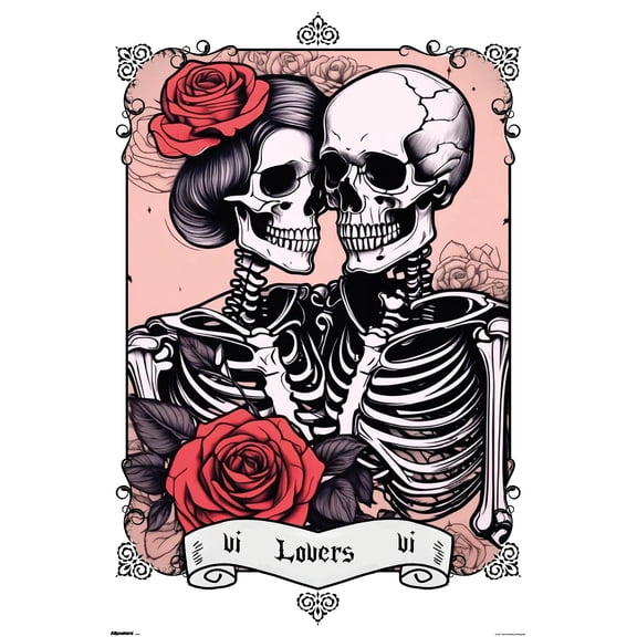 Tabz Jones - Skull and Roses Tarot Lovers Wall Poster, 14.725" x 22.375"