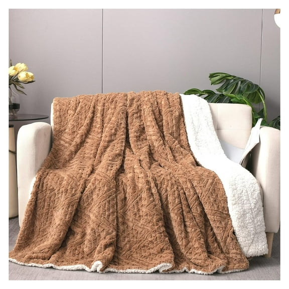 Tache Caramel Brown Faux Fur Throw Blanket - Geometric Embossed Super Soft Warm Fluffy White Plush - 50" x 60"
