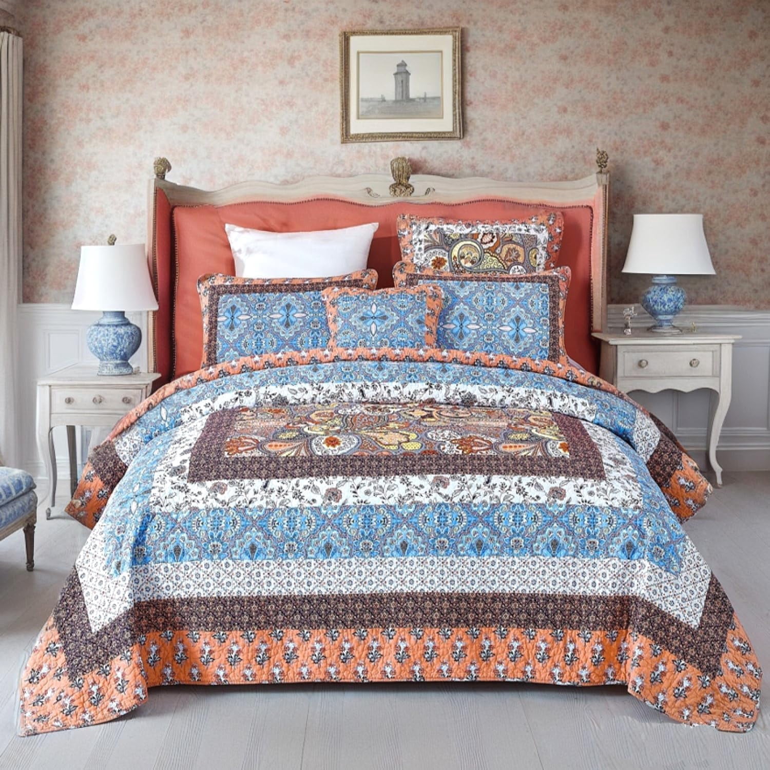 Tache Cotton Patchwork Bohemian Geometric Paisley Damask Ditsy Floral Orange Blue Reversible