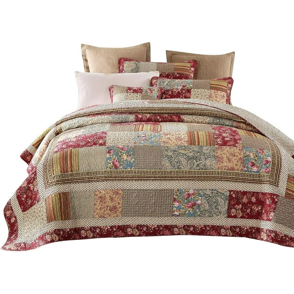 Tache Cotton Patchwork Country Farm Cottage Vintage Antique Ditsy Floral Paisley Burgundy Beige Lightweight Coverlet Fairy Tale Tea Party Quilt Set, Twin