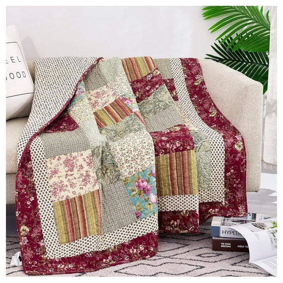 Tache Cotton Patchwork Quilt Blanket Country Farm Cottage Vintage Antique Ditsy Floral Paisley Burgundy Beige Lightweight Coverlet Fairy Tale Tea Party Quilted Throw Blanket, 50x60
