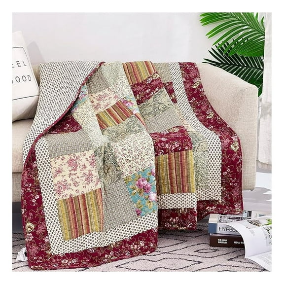 Tache Cotton Patchwork Quilt Blanket Country Farm Cottage Vintage Antique Ditsy Floral Paisley Burgundy Beige Lightweight Coverlet Tale Tea Party Quilted Throw Blanket, 50x60