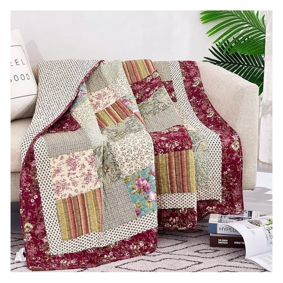 Tache Cotton Patchwork Quilt Blanket Country Farm Cottage Vintage Antique Ditsy Floral Paisley Burgundy Beige Lightweight Coverlet Tale Tea Party Quilted Throw Blanket, 50x60