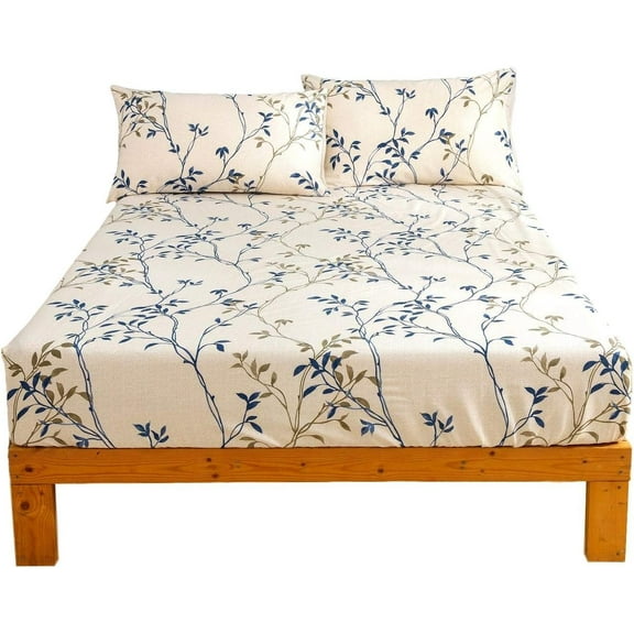 Tache Elegant Leaf Vine Nature Earthy Floral Neutral Cream Beige Tan Blue Breathable Poplin Cotton 15" Deep Pocket Fitted Sheet, Queen
