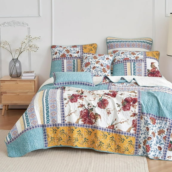 Tache Patchwork Quilt Set Full Size Cotton French Country Old World Vintage Botanical Floral Blue Yellow Lightweight Coverlet Hummingbirds Rose Garden Quilt Set Full