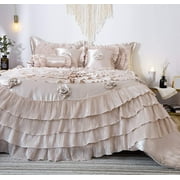 Tache Satin Ruffle Floral Elegant Champagne Beige Frosted Fields Victorian Royal 6pc Comforter Bedding Set, King
