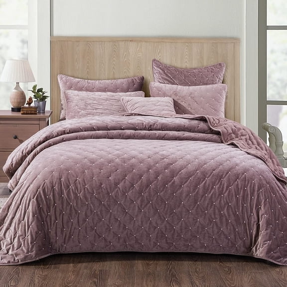 Tache Velvet Dreams Luxurious Velveteen Velour Super Soft Plush Warm Cozy Diamond Tufted Polka Dot Quilted Coverlet Light Purple Mauve Bedspread Set, King