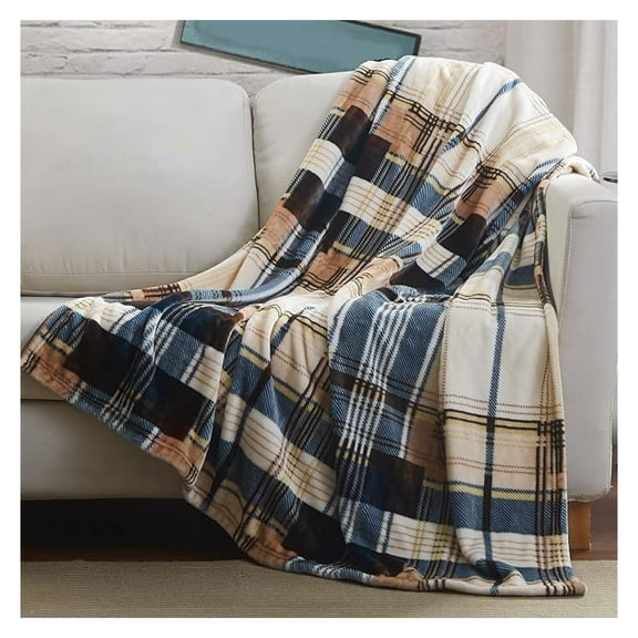 Tache Winter Cabin Blue Tan Farmhouse Super Soft Micro Fleece Tartan Plaid Plush Lightweight Dual-Sided Decorative Couch, Sofa, Travel, Lap, Bed Throw Blanket, 50x60 Tan/Blue
