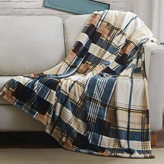 Tache Winter Cabin Blue Tan Farmhouse Super Soft Micro Fleece Tartan Plaid Plush Lightweight Dual-Sided Decorative Couch, Sofa, Travel, Lap, Bed Throw Blanket, 90x90, Full/Queen Size