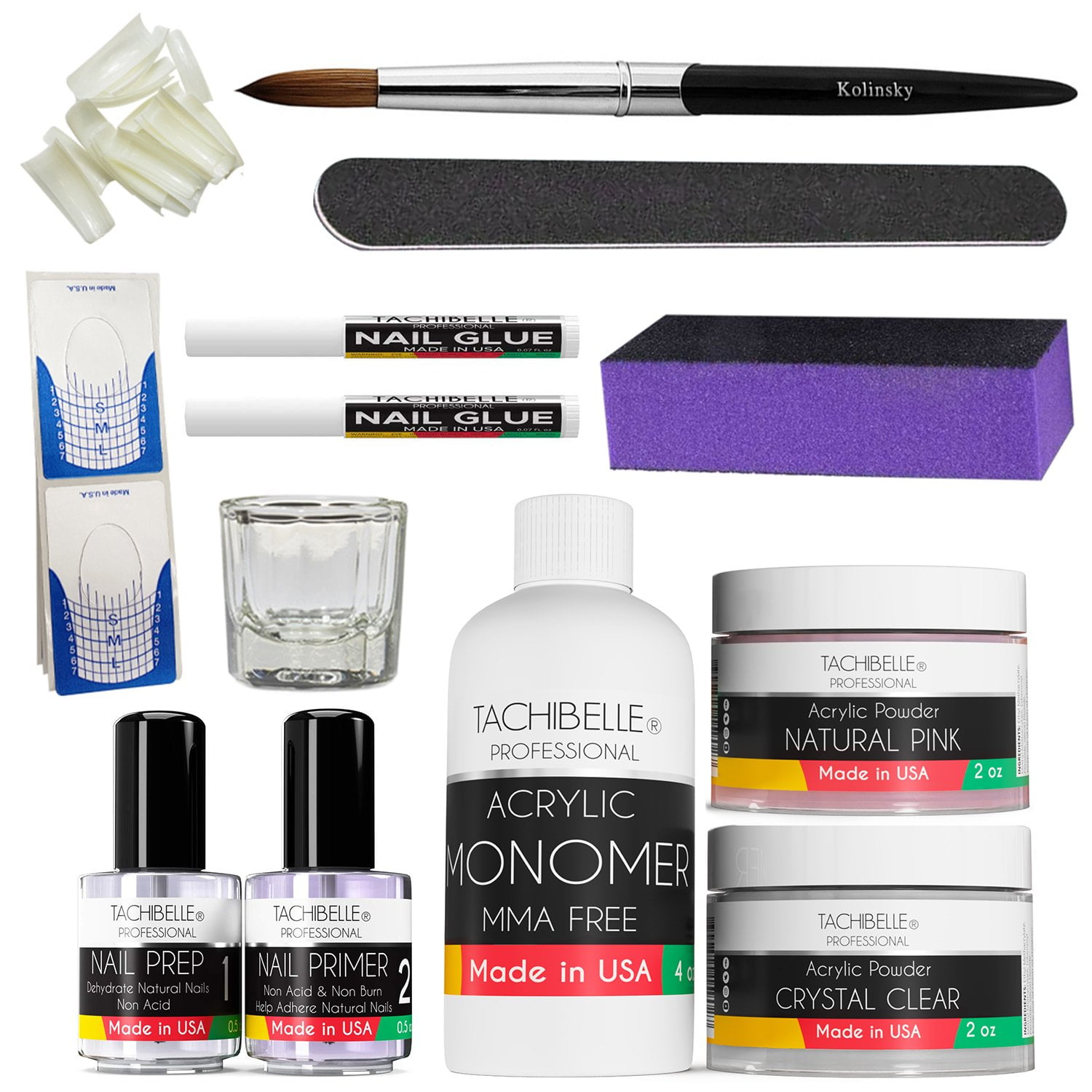 Tachibelle Professional Acrylic Nail BEGINNER KIT No MMA Liquid Monomer 4 oz, 2 PCS Acrylic Powder 2oz Crystal Clear and Natural Pink, Kolinsky Nail Brush #10, Primer and Bond, Extensions, Nail...