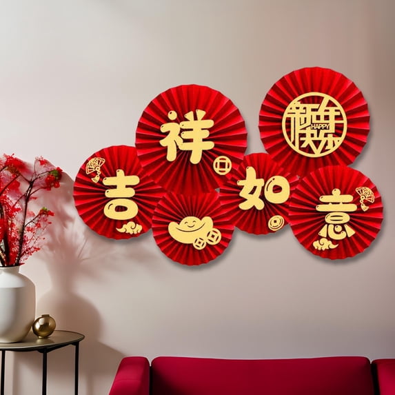 Tachiuwa 6x 2024 Chinese New Year Paper Fans Spring Festival Wall Decoration Traditional Happy New Year Decor for Office Party Holiday D