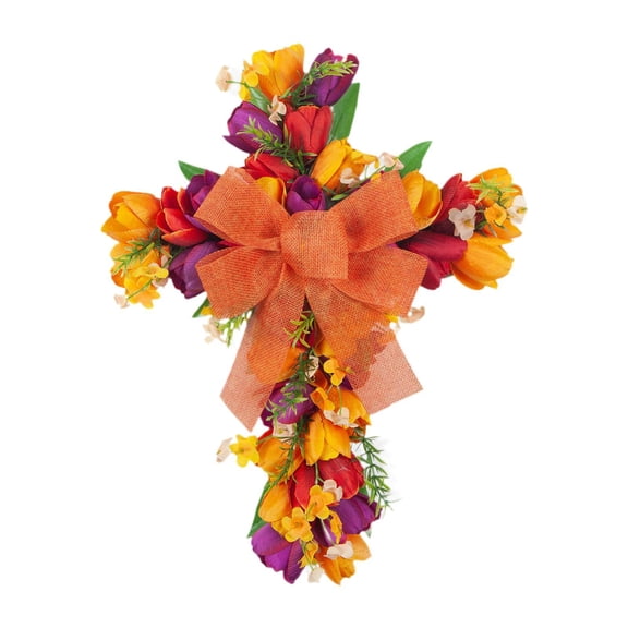 Tachiuwa Artificial Flower Wreath, Easter Cross Wreath, Door Wreath Garland Hanger Front Door Holiday Gift Spring Wreath Outside Orange