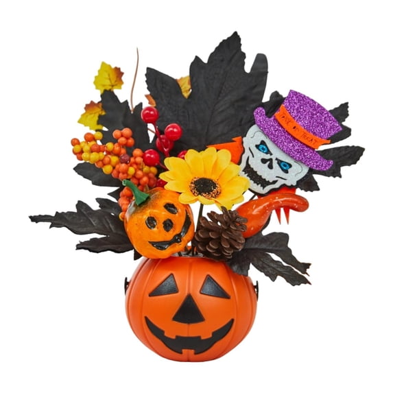 Tachiuwa Artificial Pumpkin Halloween Decoration Vegetable Fall Maple Leaves Bacca Flowers Foam Pumpkin for Home Mantel Dinner Porch with Skull