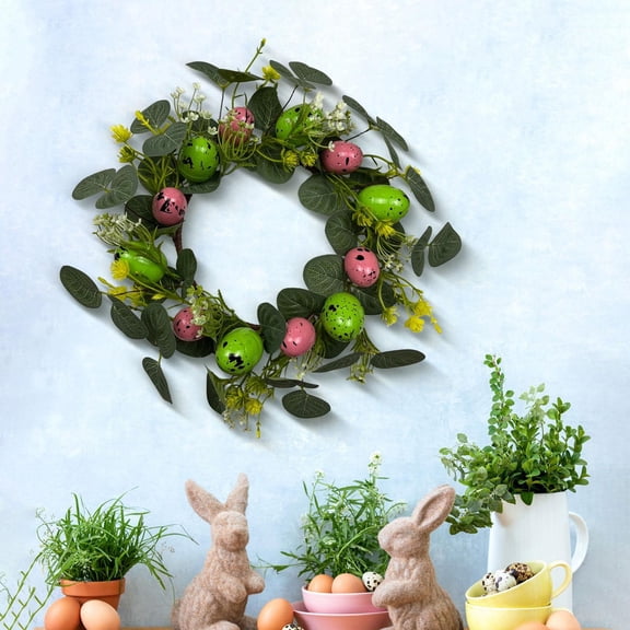 Tachiuwa Easter Colorful Egg Wreath ,Artificial Easter Wreaths ,Easter Wreath with Pastel Eggs Easter Spring Wreath for Indoor Outdoor