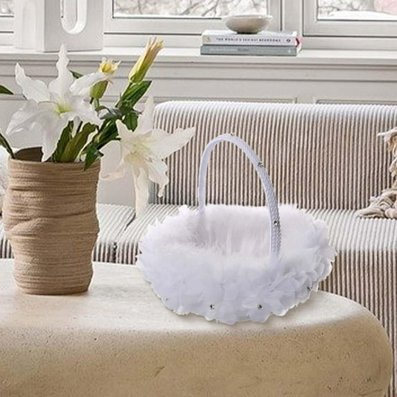 Tachiuwa Flower Girl Basket Wedding Flower Basket Decor Lace Cute Handle Satin Flower Basket Wedding Basket for Garden Cafe Homes Hotel White