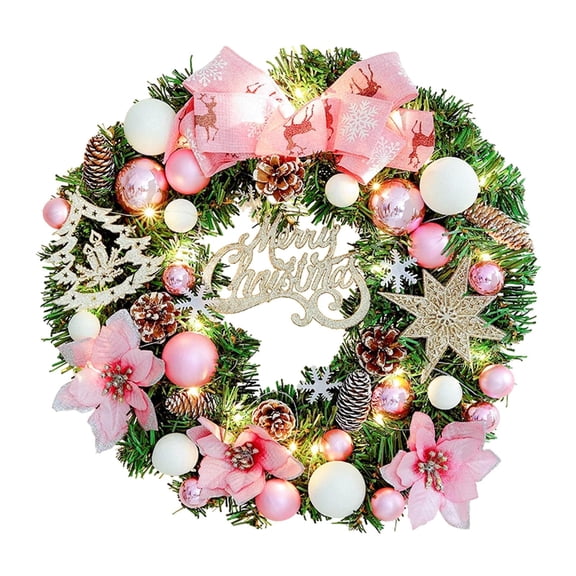 Tachiuwa Lighted Christmas Wreath Front Door Wreath for Indoor Outdoor Wall Fireplace Pink White