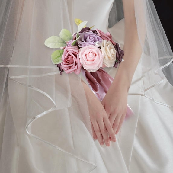 Tachiuwa Wedding Bridal Bouquet Decor Boho Rustic Tossing Bouquet Artificial Rose Flowers for Wedding Party Festival Valentine's Day , Pink