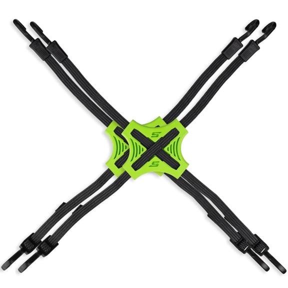 Tack Strap – 4-Way Flat Bungee Cord with Rubber Pad Grip, Non-Slip Adjustable Tie Down Straps for Outdoor Gear, 2-Pack (Green)