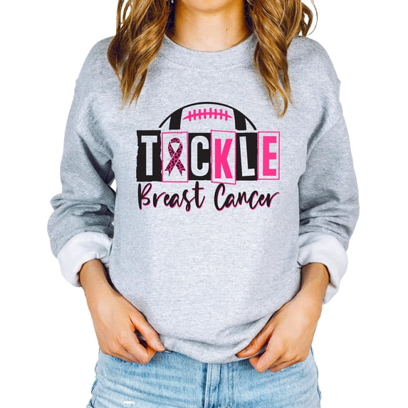 Tackle Breast Cancer Sweatshirt for Women, Teens & Kids Pink Ribbon Football Game Day Sweater Gray Sweatshirt Adult X-Large